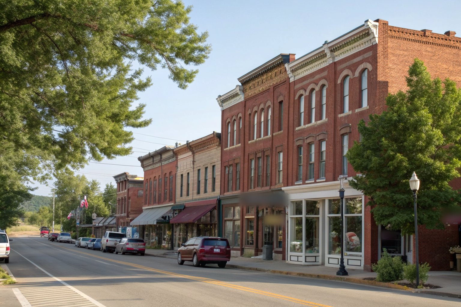 A small-town main street lined with 1800s red brick storefronts and shade trees