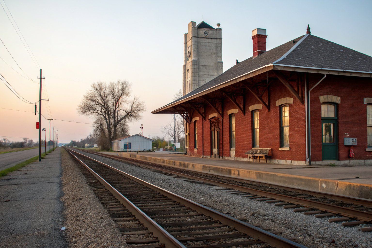 An old red brick railroad depot with a deep overhanging roof beside the tracks