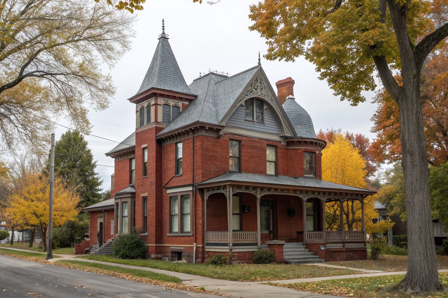 A restored red brick Victorian house with a turret, a gray roof and a wide porch on a tree-lined street