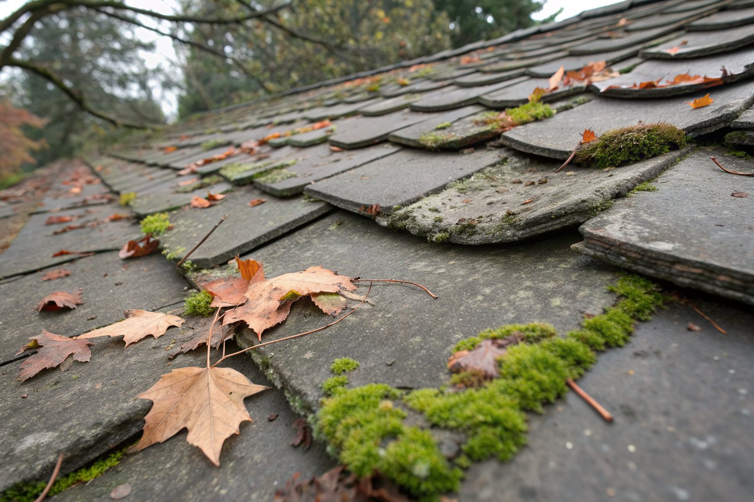 Close view of old curling shingles with moss, worn granules and fallen leaves