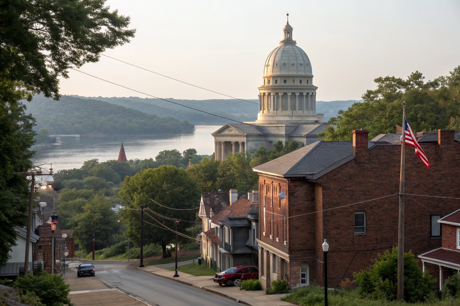 A domed capitol building above a river and a hillside street of older brick homes