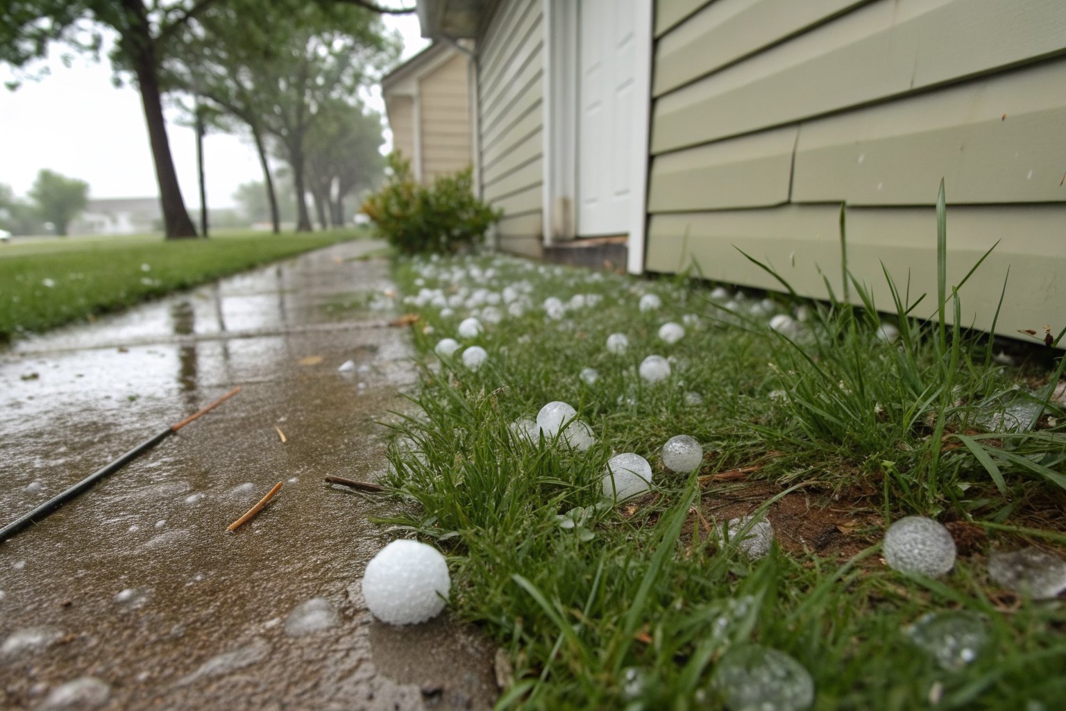 Golf-ball-sized hailstones scattered on a wet lawn beside a house after a storm