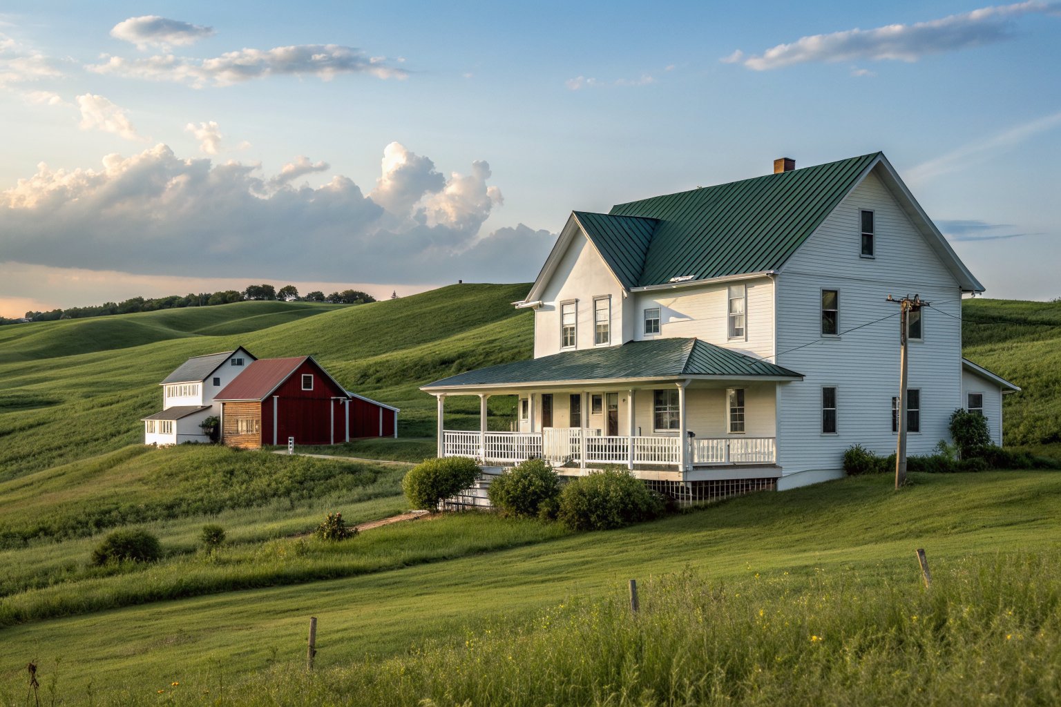 A white two-story farmhouse with a dark green standing-seam metal roof on rolling green hills, a red barn behind