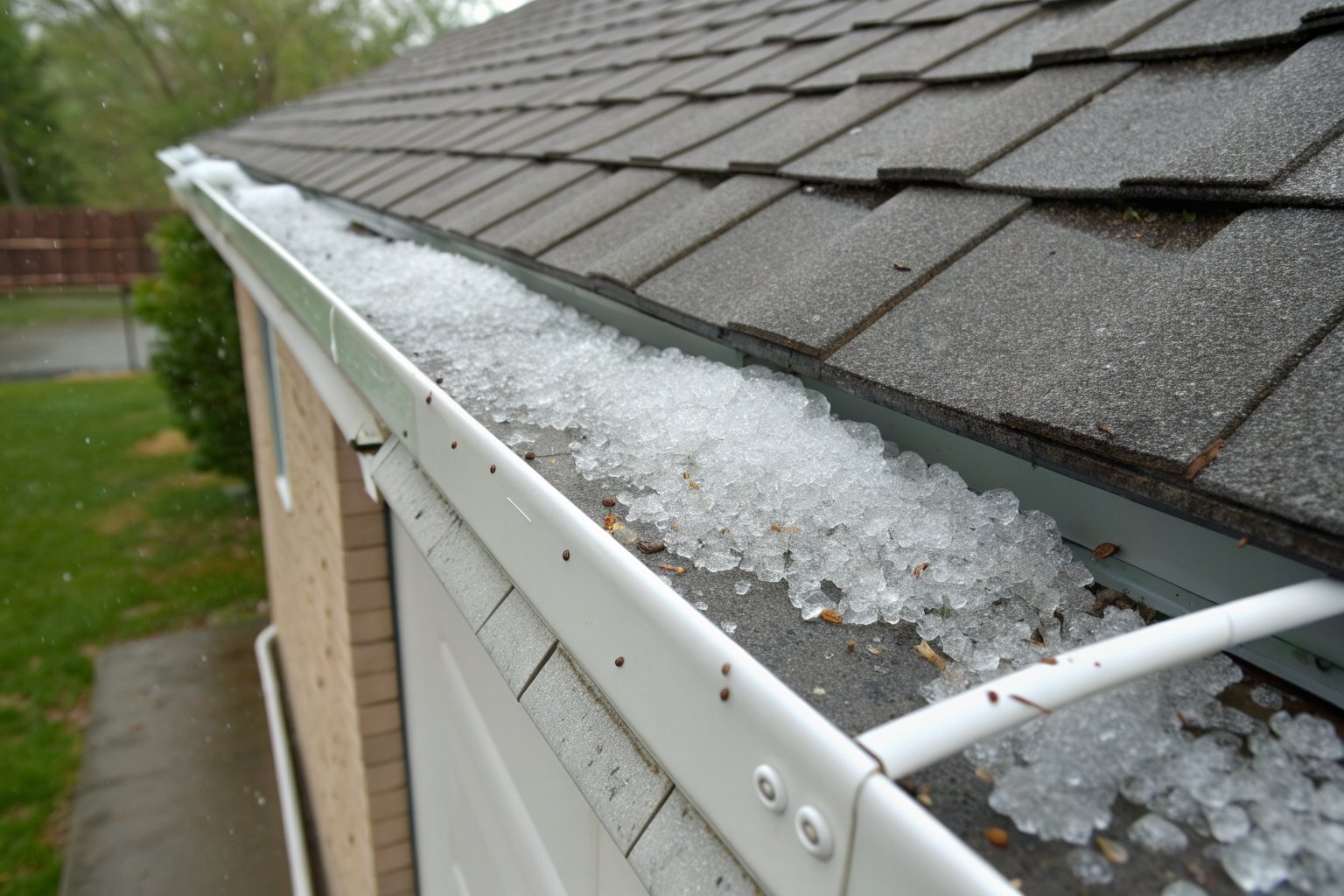 Hailstones piled in a white gutter along the edge of a gray shingle roof