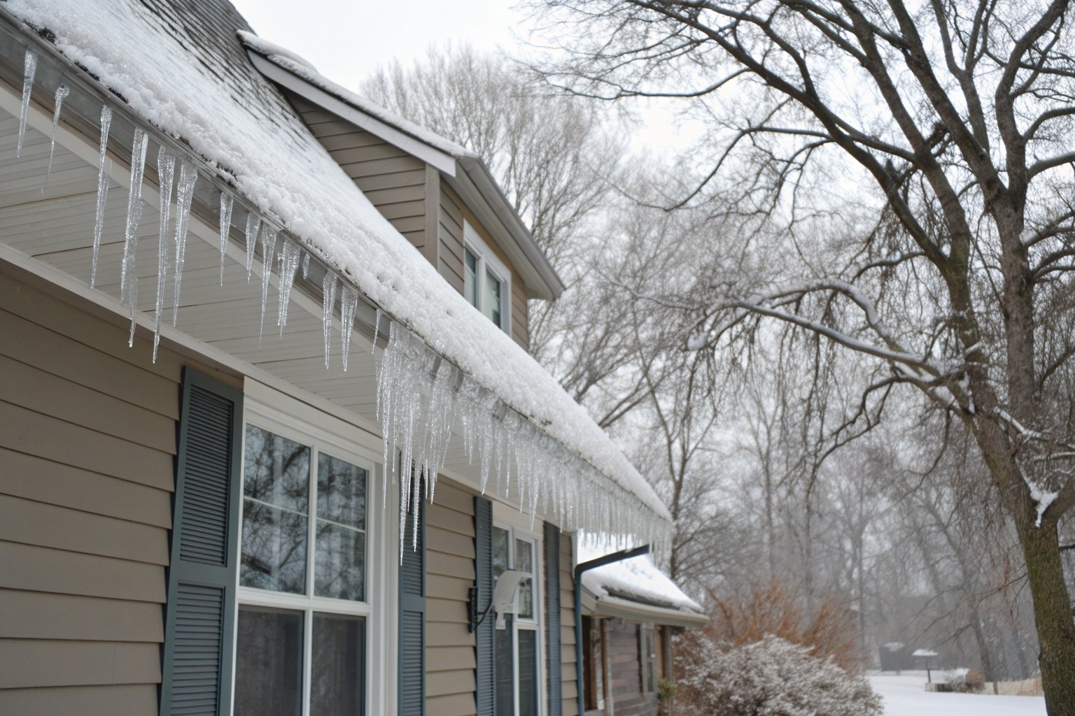 Icicles hanging from the snowy eaves of a two-story house on a winter morning