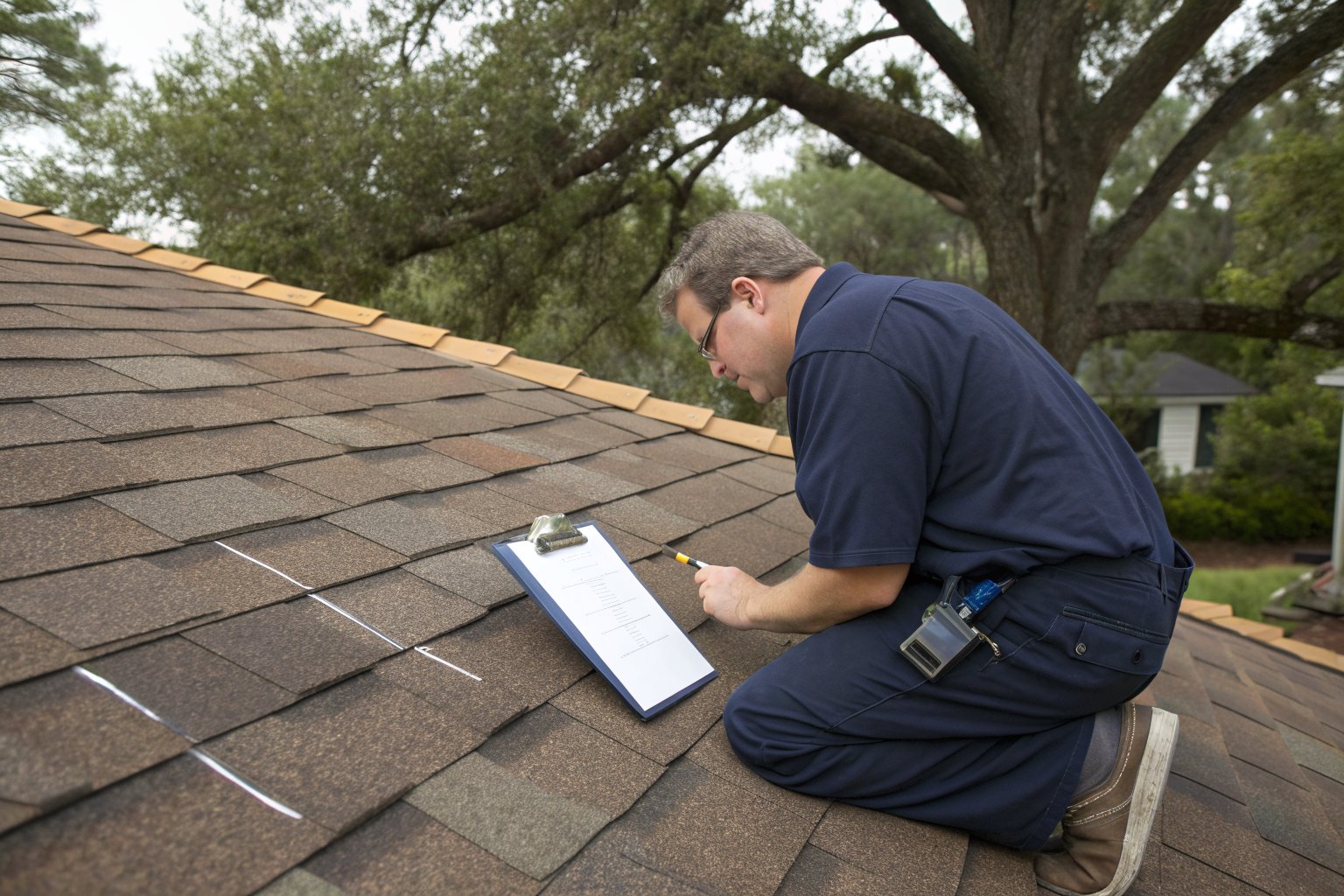 An inspector kneeling on a brown shingle roof with a clipboard, chalk marks on the shingles