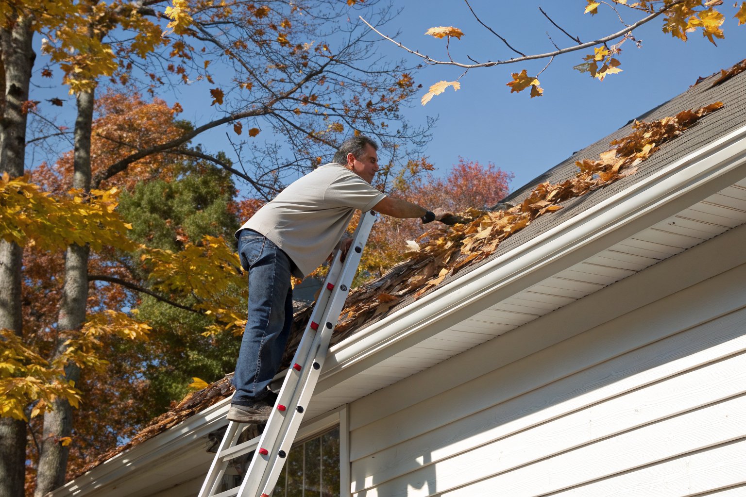 A roofer on a ladder clearing leaves from a gutter and checking the shingle edge in the fall