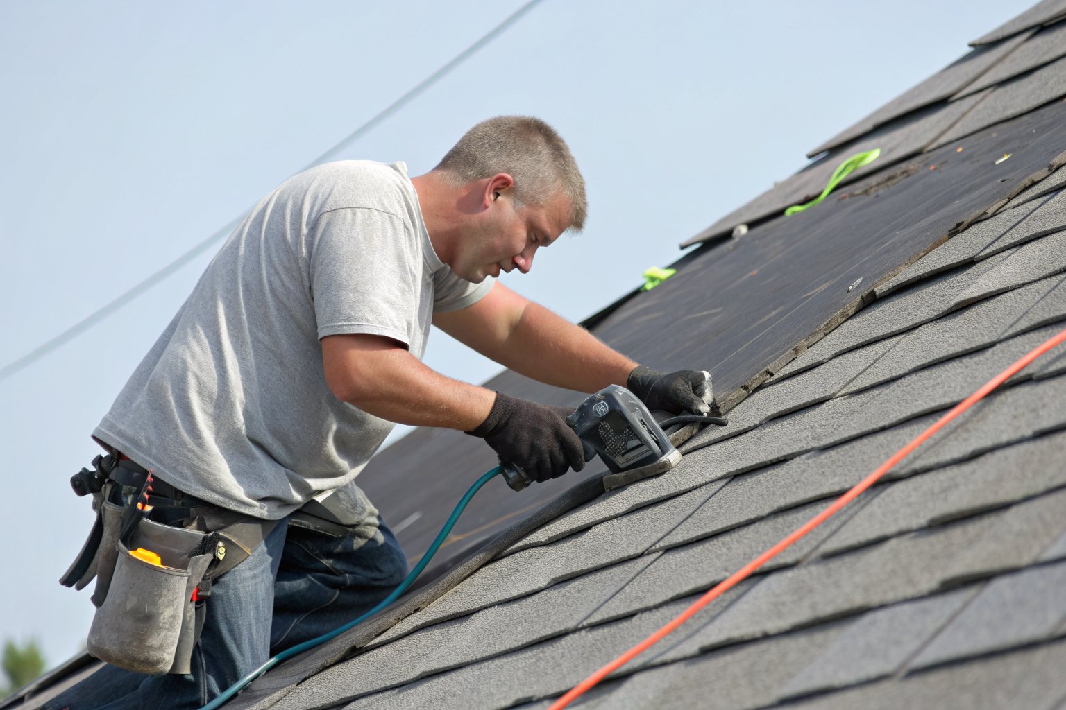 A roofer nailing new charcoal architectural shingles with a nail gun