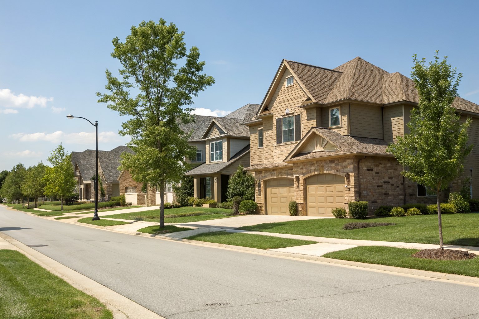 Newer two-story homes with tan siding, stone accents and architectural shingle roofs on a quiet street