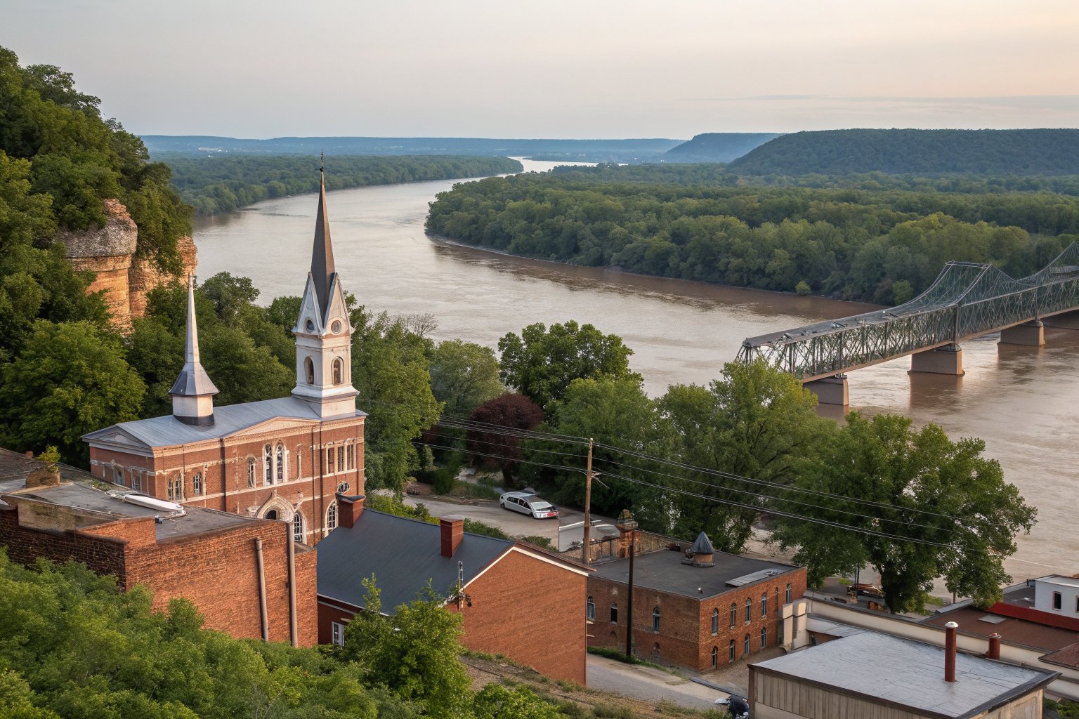 A small river town of brick buildings and church steeples above a wide brown river with a truss bridge