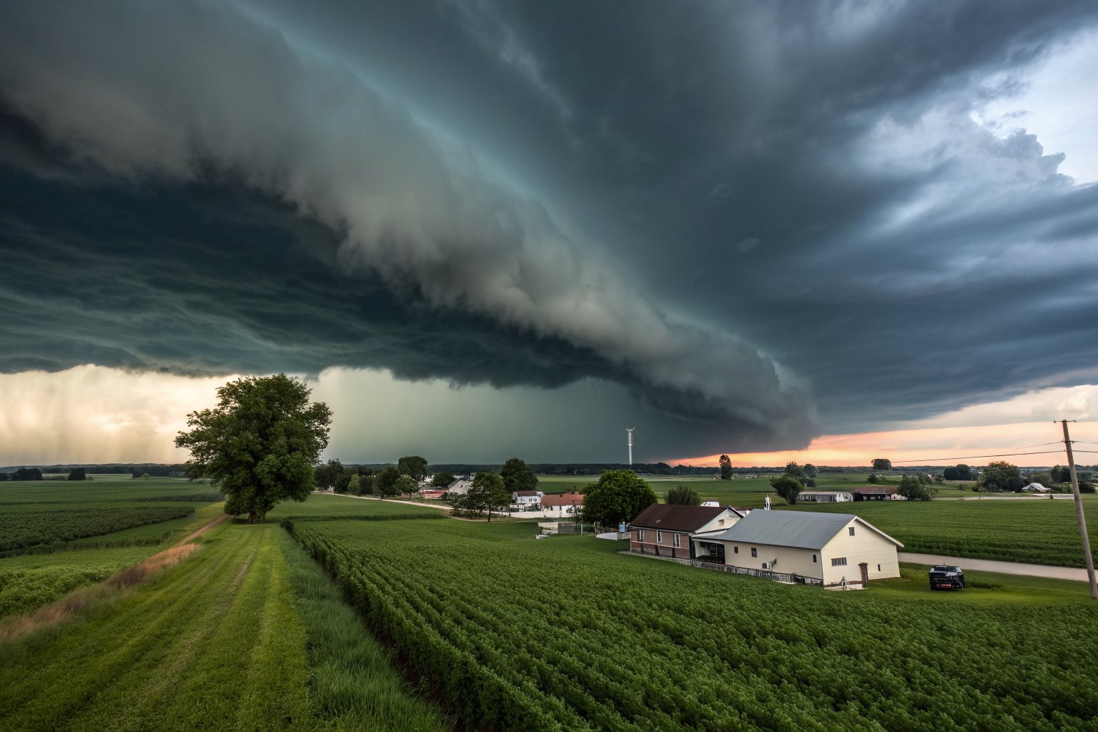 A dark shelf cloud rolling over green farmland toward a few homes at the edge of a small town
