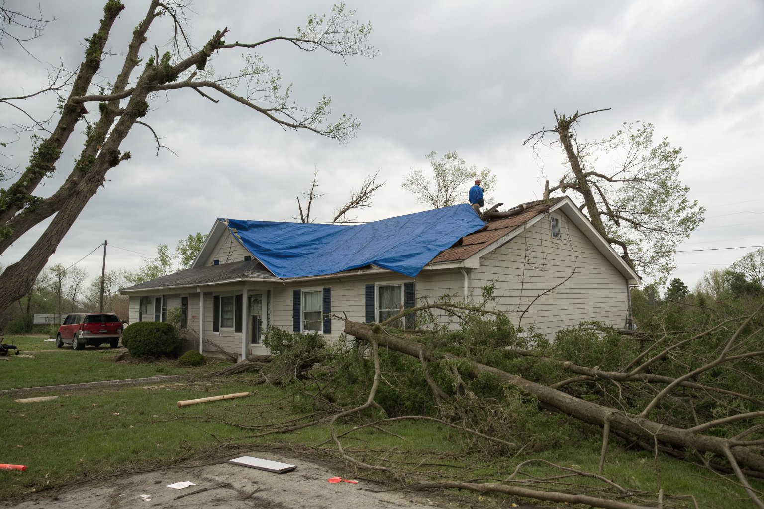 A blue tarp over a storm-damaged roof on a one-story house, with broken tree limbs across the yard