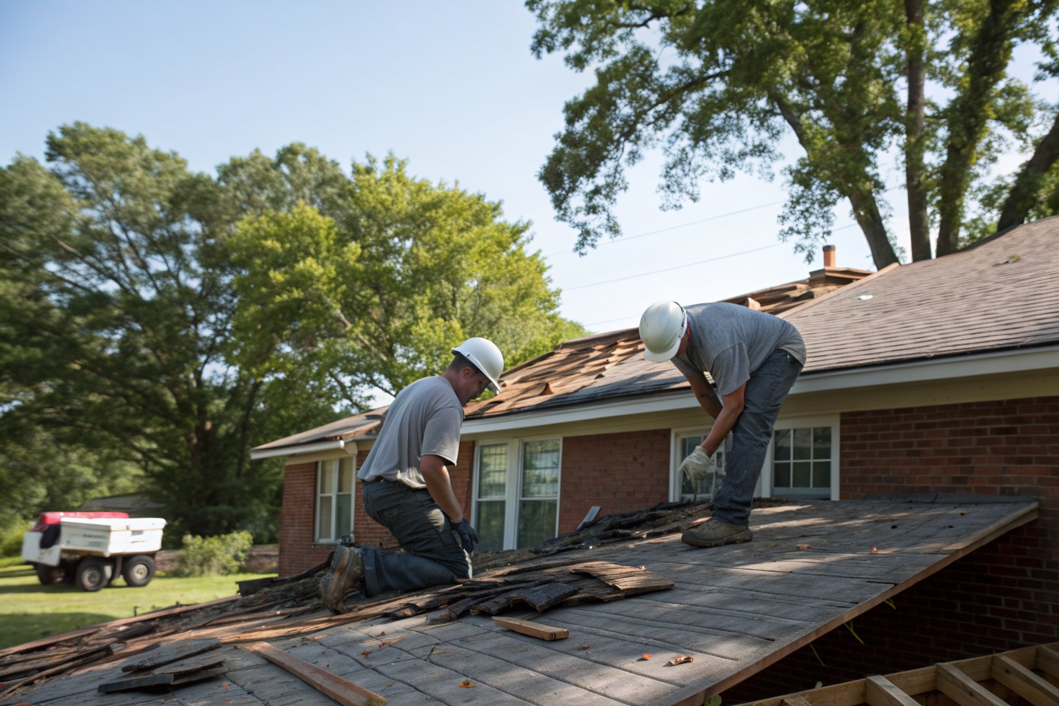 Two roofers in hard hats stripping old shingles from a brick house down to the decking